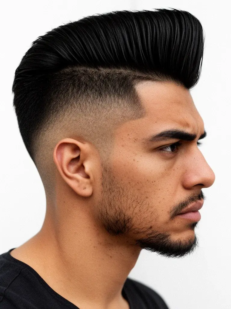 High volume pompadour back view with tapered neckline