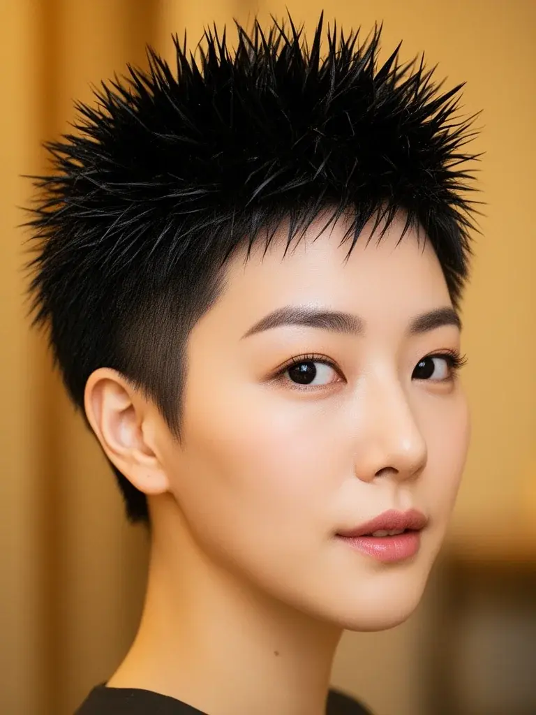 Spiky pixie cut three-quarter view on a Korean woman with jet black hair and a confident expression