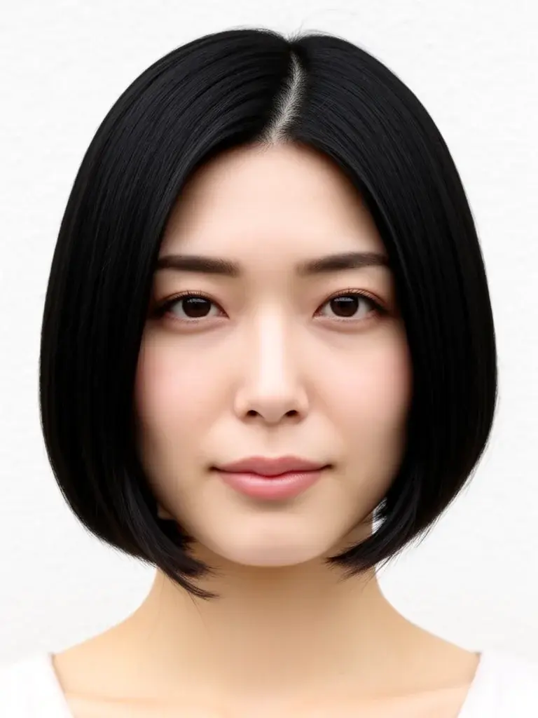 Japanese woman with a-line bob, front view showing diagonal slope from front to back