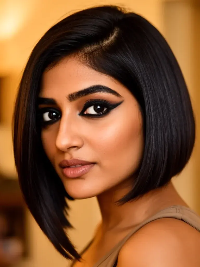 Dramatic asymmetrical bob on a South Asian woman with dark hair, one side at chin, one at collarbone