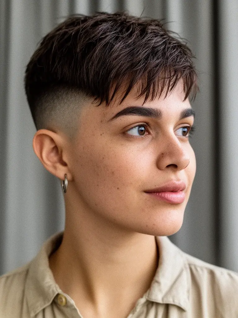French crop front view on a Brazilian woman with dark brown hair, relaxed expression