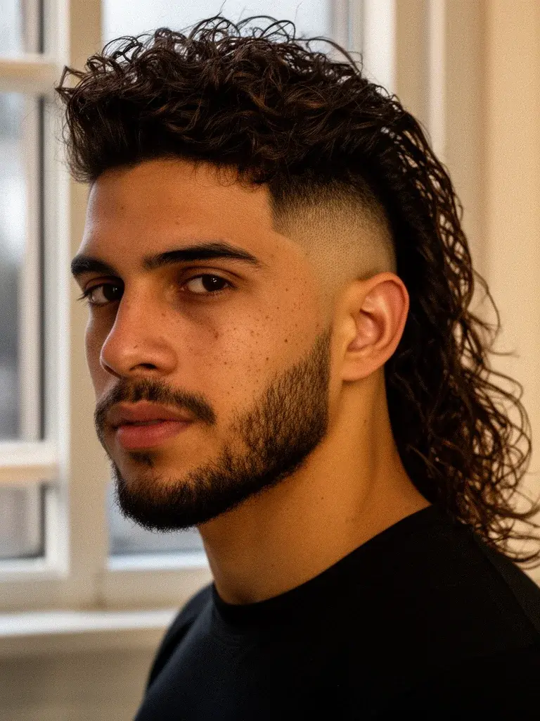 Modern mullet on curly hair with natural volume amplifying the back length