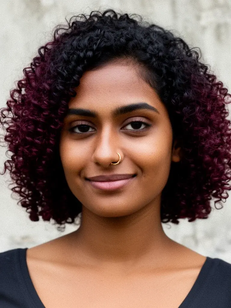 Spiral curls on a white woman with auburn hair styled with a curling wand, side profile