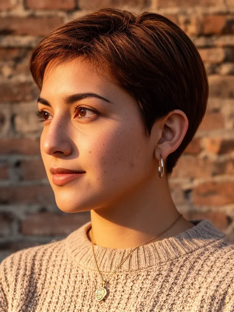 Boy cut three-quarter view on a Mexican woman with chestnut hair in golden hour
