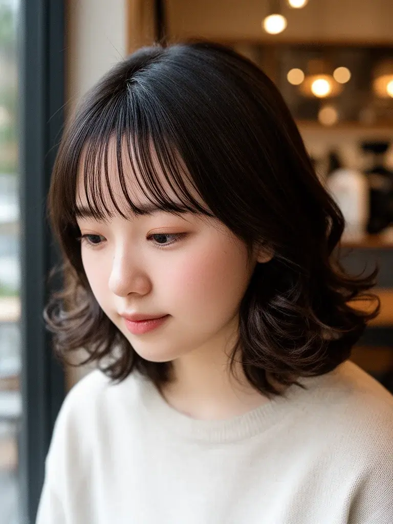 See-through bangs on a Korean woman with straight black hair, forehead visible through sparse fringe