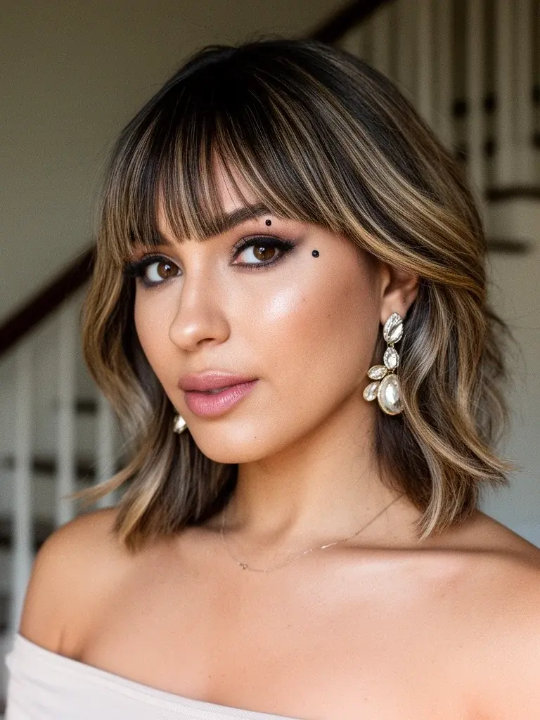 Curtain bangs on a mixed heritage woman with highlighted hair, confident gaze