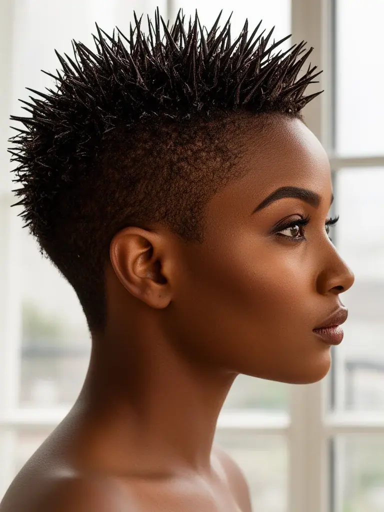 Spiky pixie cut side view on a Black woman with natural dark hair showing defined textured points