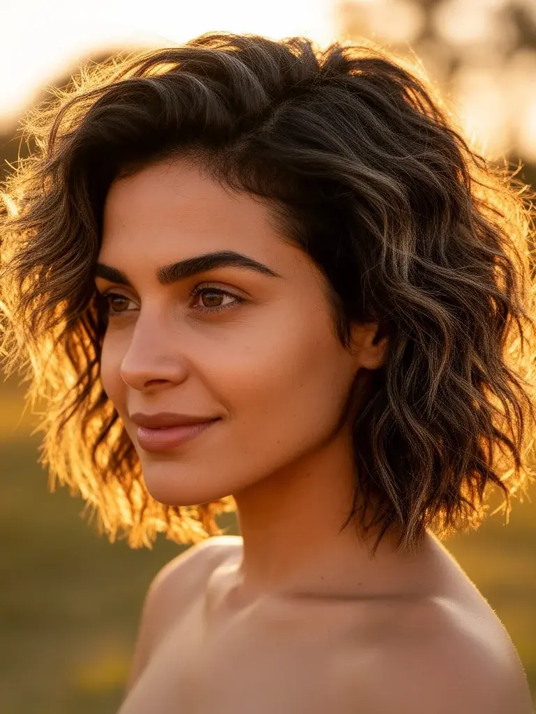 Short shag on a Brazilian woman with wavy hair, backlit golden hour