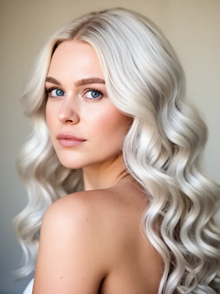 Hollywood waves on a Swedish woman with platinum hair, over-shoulder glance