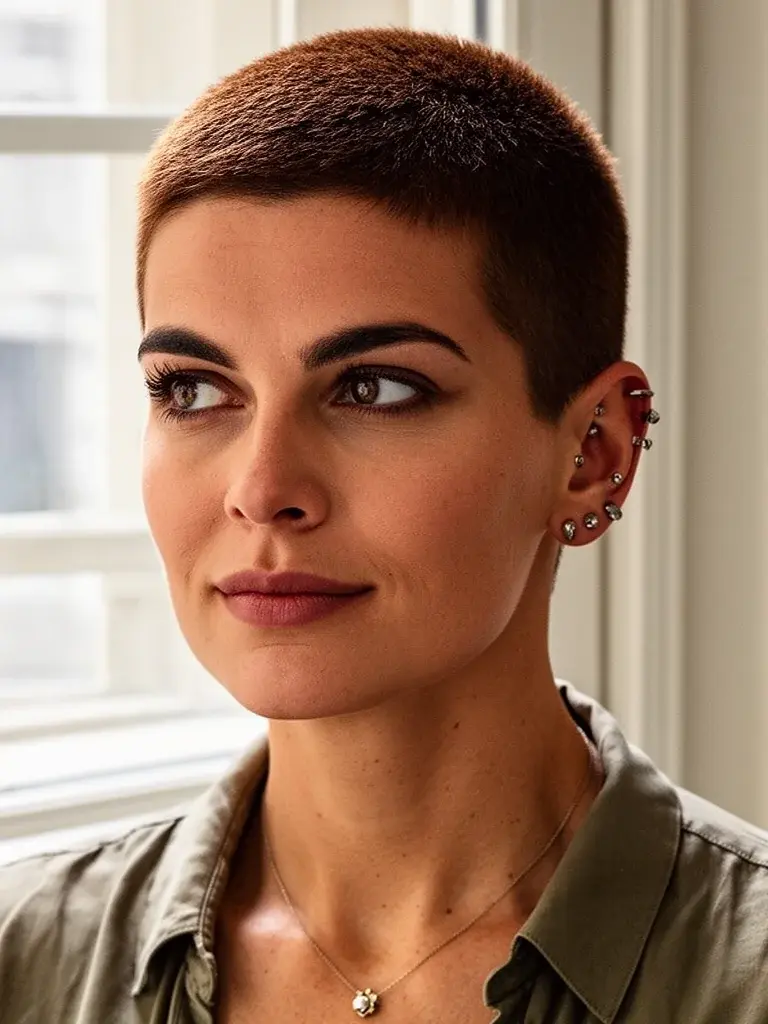 Italian woman with chestnut buzz cut, three-quarter view by window with multiple ear piercings