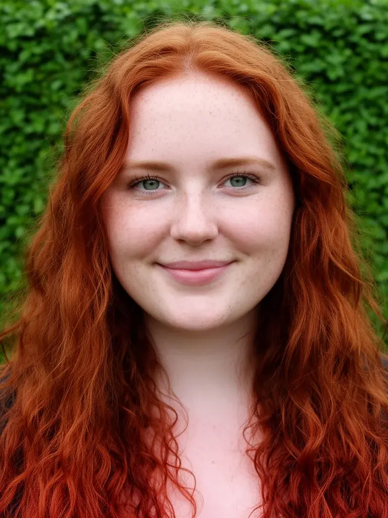 Irish woman with boho waves on auburn hair, front view outdoors