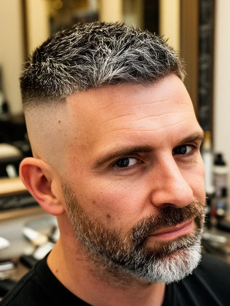 Skin fade three-quarter angle showing temple blend detail