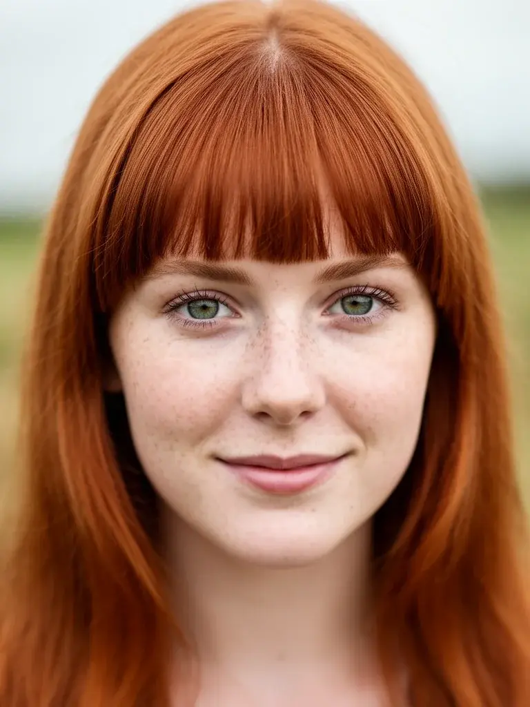Bottleneck bangs on an Irish woman with auburn hair, direct front view