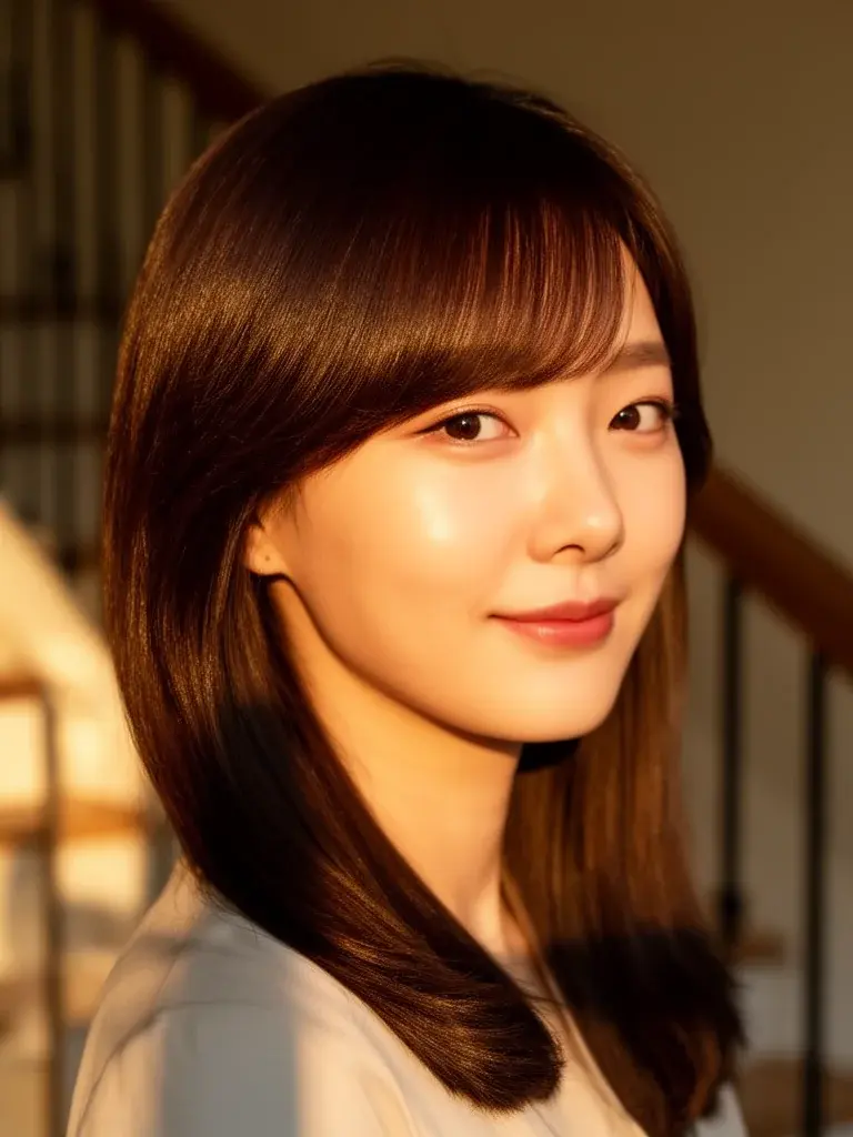 Korean woman with side-swept bangs, three-quarter view in warm golden light