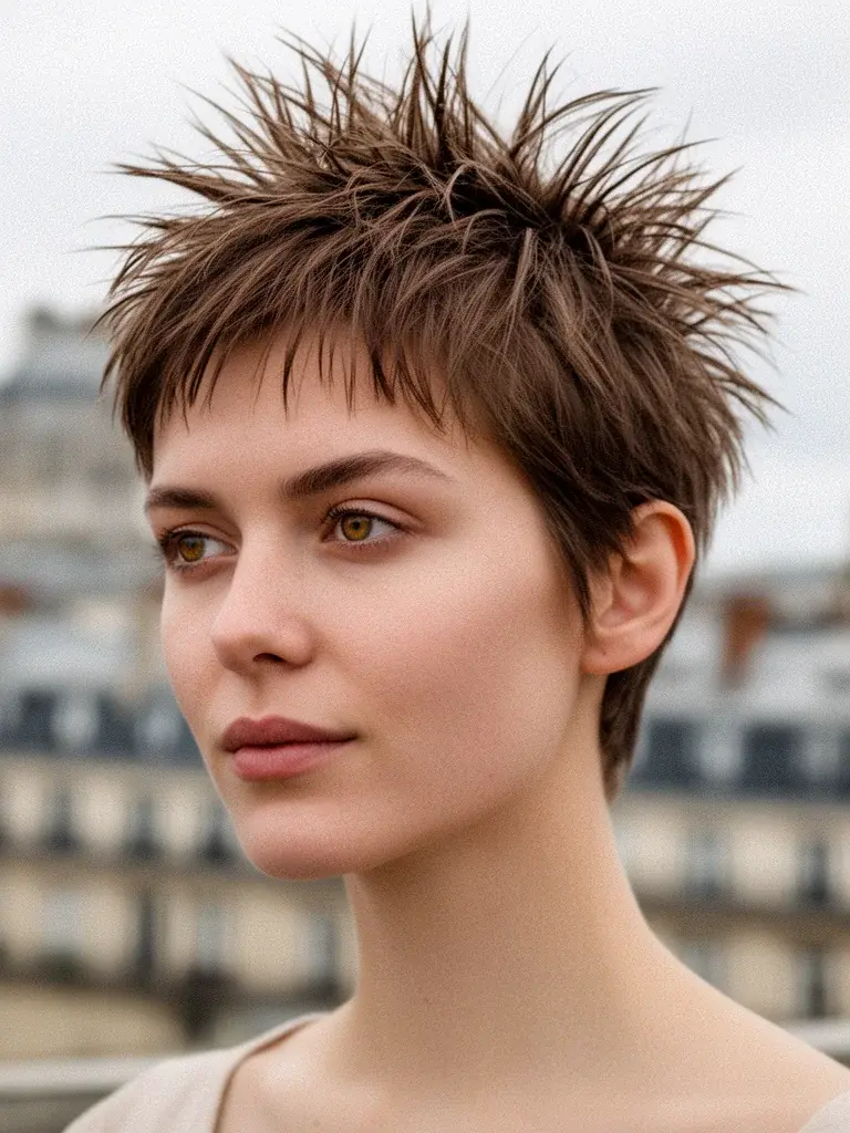 Spiky pixie cut relaxed version on a French woman with natural brown hair