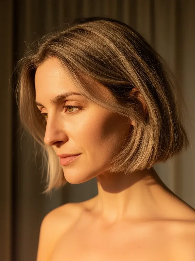 French woman with a-line bob, casual three-quarter view with natural texture