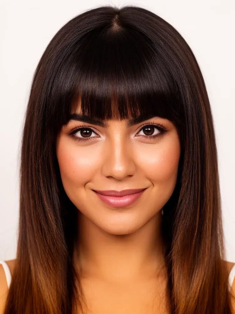 Mexican woman with wolf cut and heavy curtain bangs, front view with soft studio light