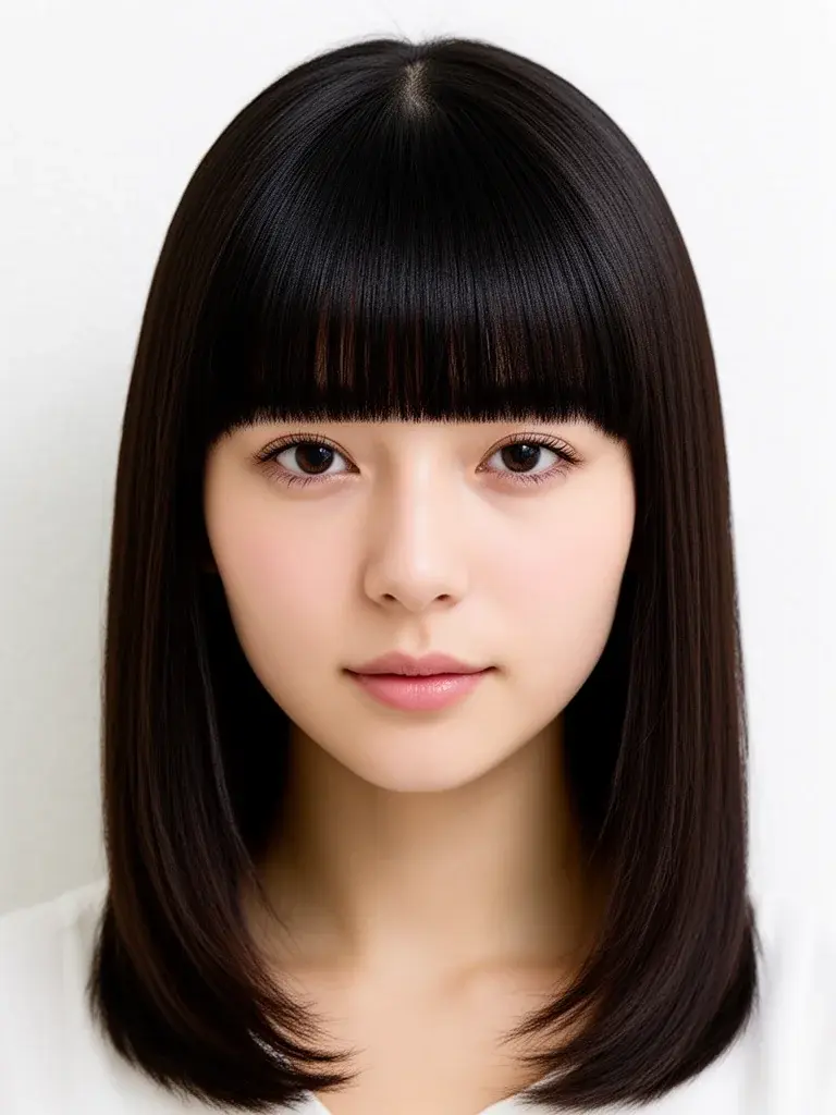 Blunt bangs front view on a Japanese woman, straight line at eyebrow level