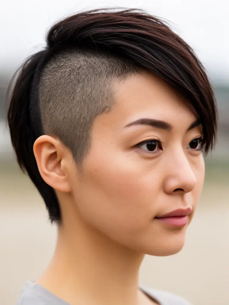 Pixie side undercut grown-out at 8 weeks on a Japanese woman with dark hair showing grow-out stage
