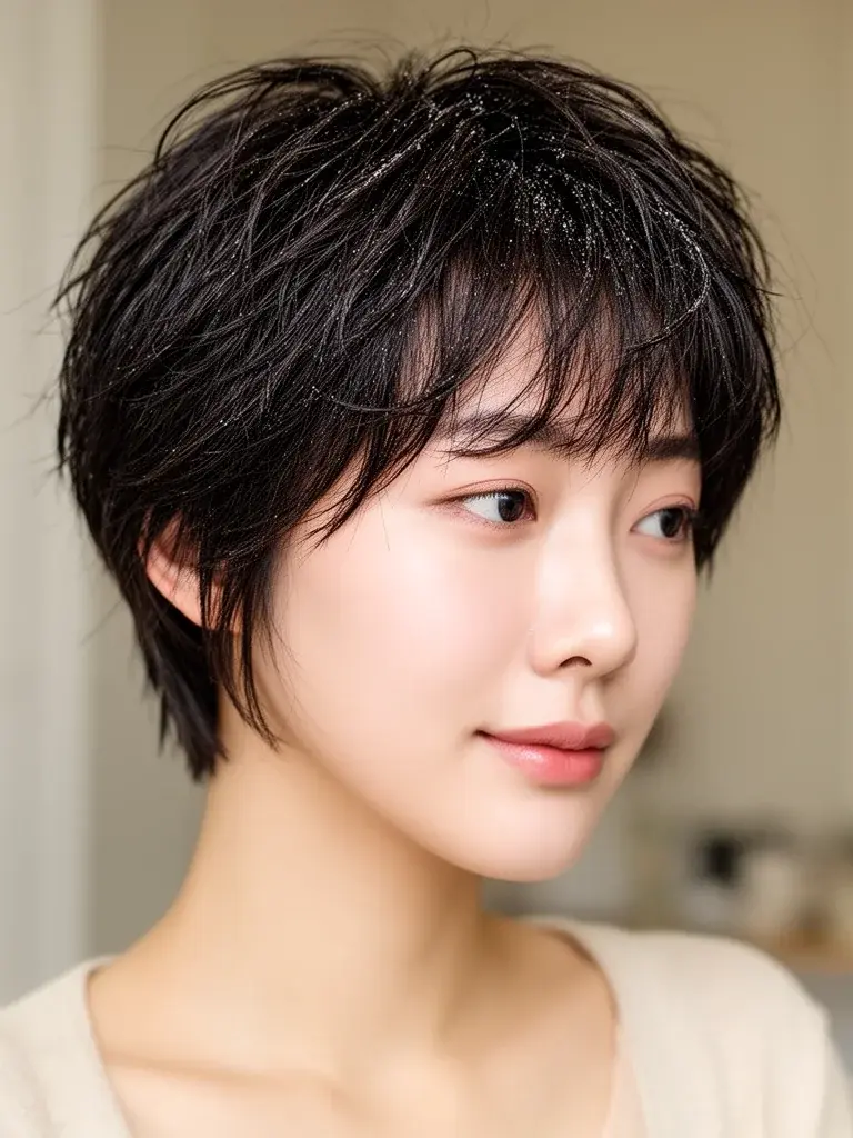 Short shag on a Korean woman, styled with sea salt spray