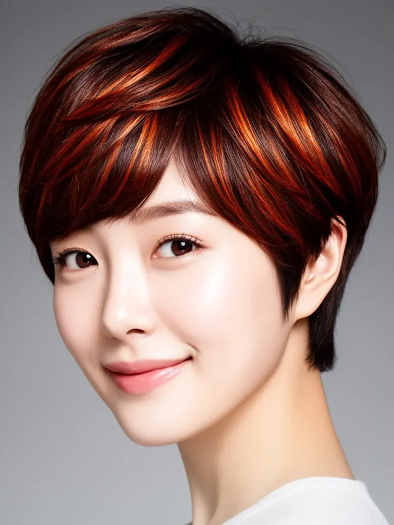 Layered pixie cut polished version on a Korean woman with copper-toned highlights