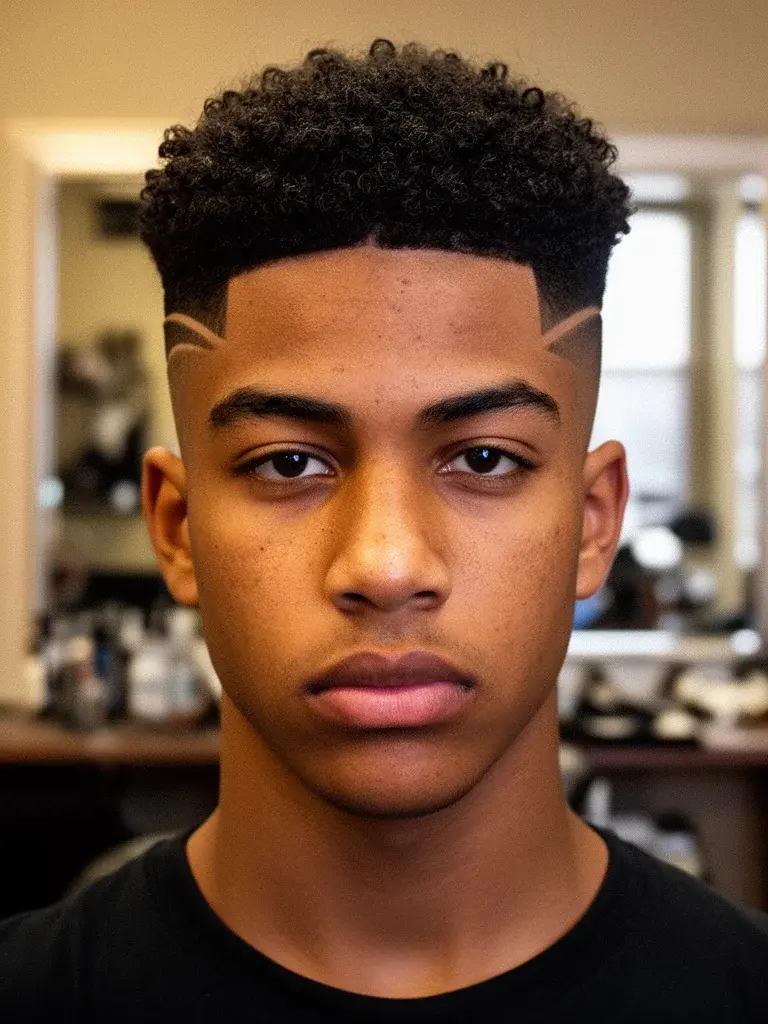 Burst fade front view showing the rounded fade shape around the ear