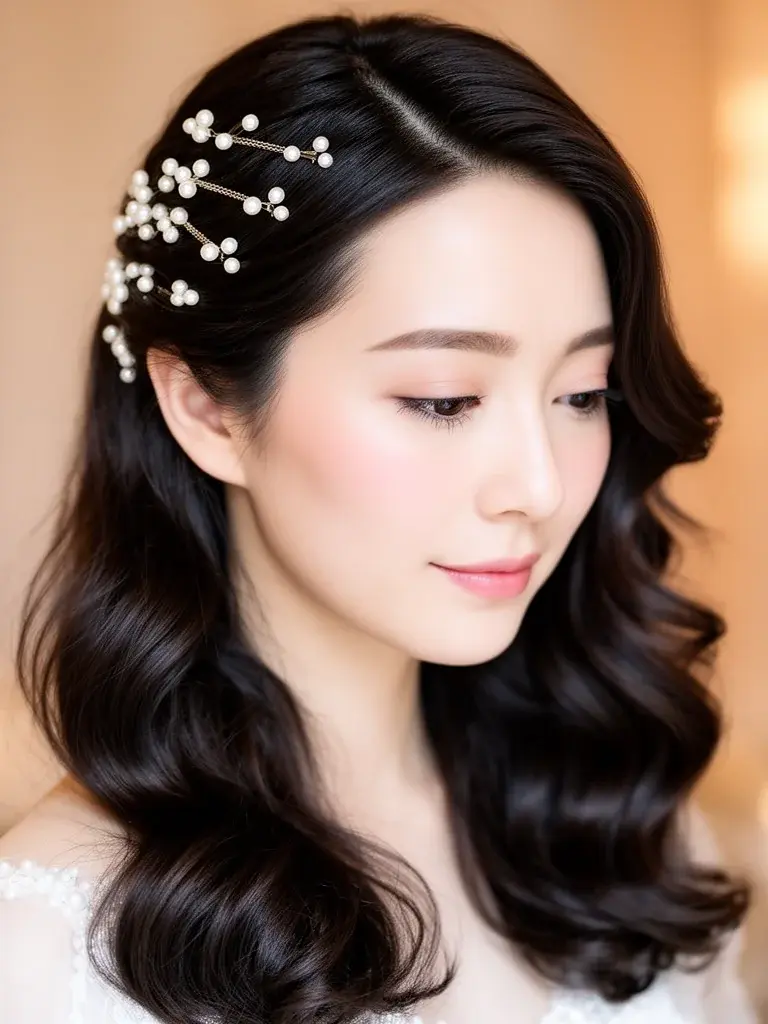 Hollywood waves on a Japanese woman with dark hair, bridal styling with pearl clips