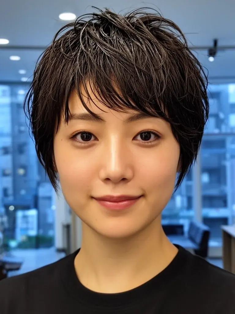 Long pixie cut textured everyday style on a Japanese woman with dark hair and subtle highlights