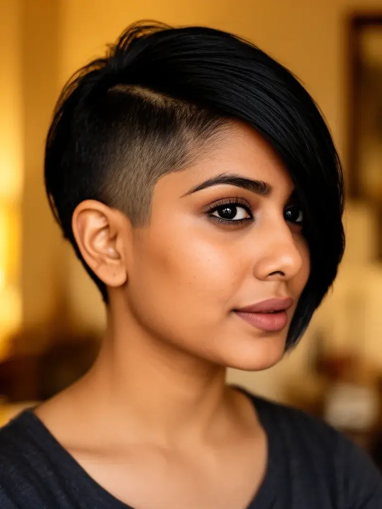 Pixie side undercut with longer top swept over shaved side on a South Asian woman with black hair