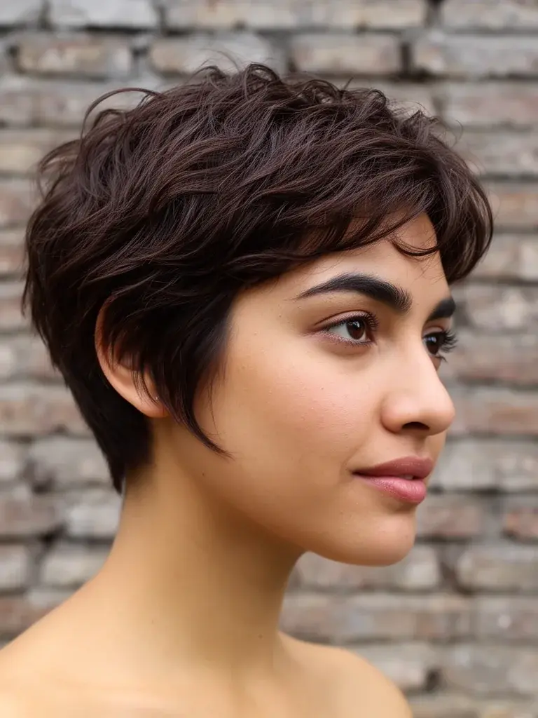 Long pixie cut with natural wave texture on a Latina woman, outdoor light