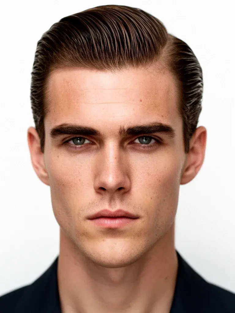 Slicked back front view with hair swept cleanly away from the forehead