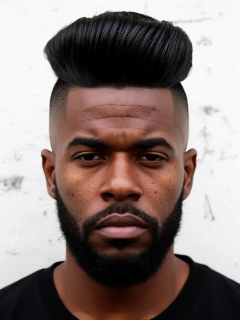 High volume pompadour front view with dramatic height and swept-back shape