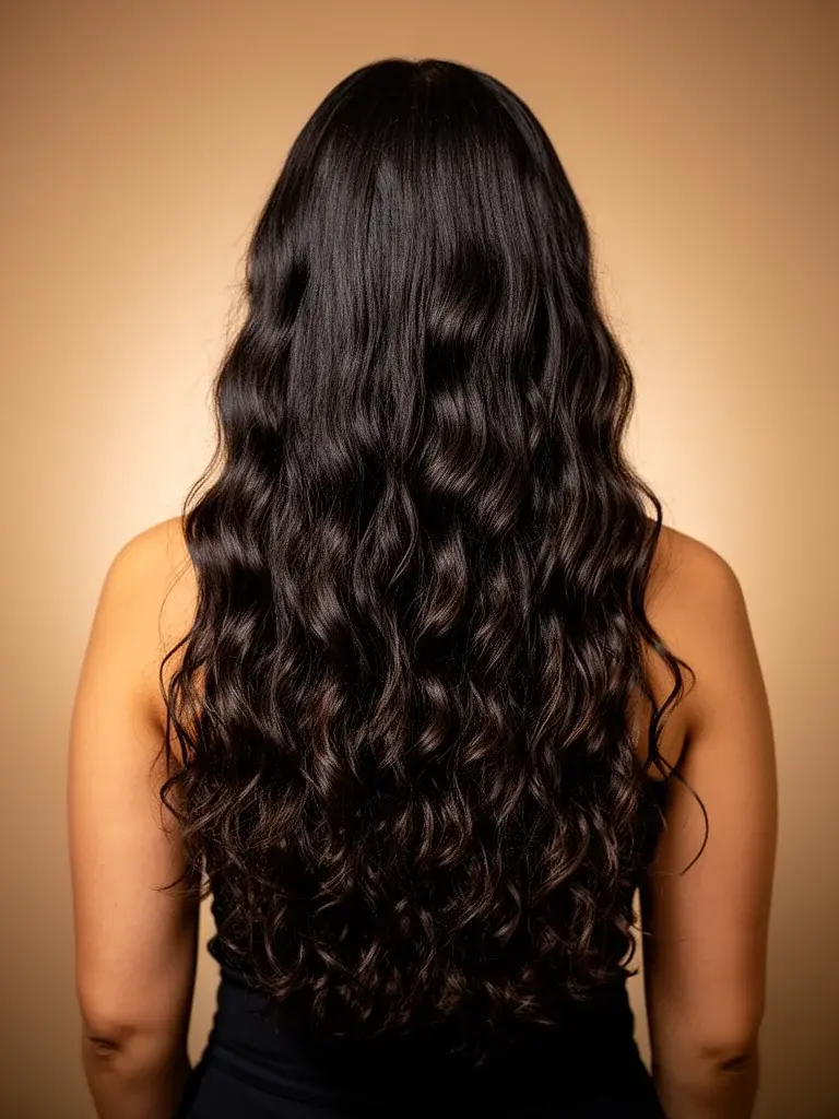 Latina woman with waist-length wavy hair, back view showing healthy ends without thinning