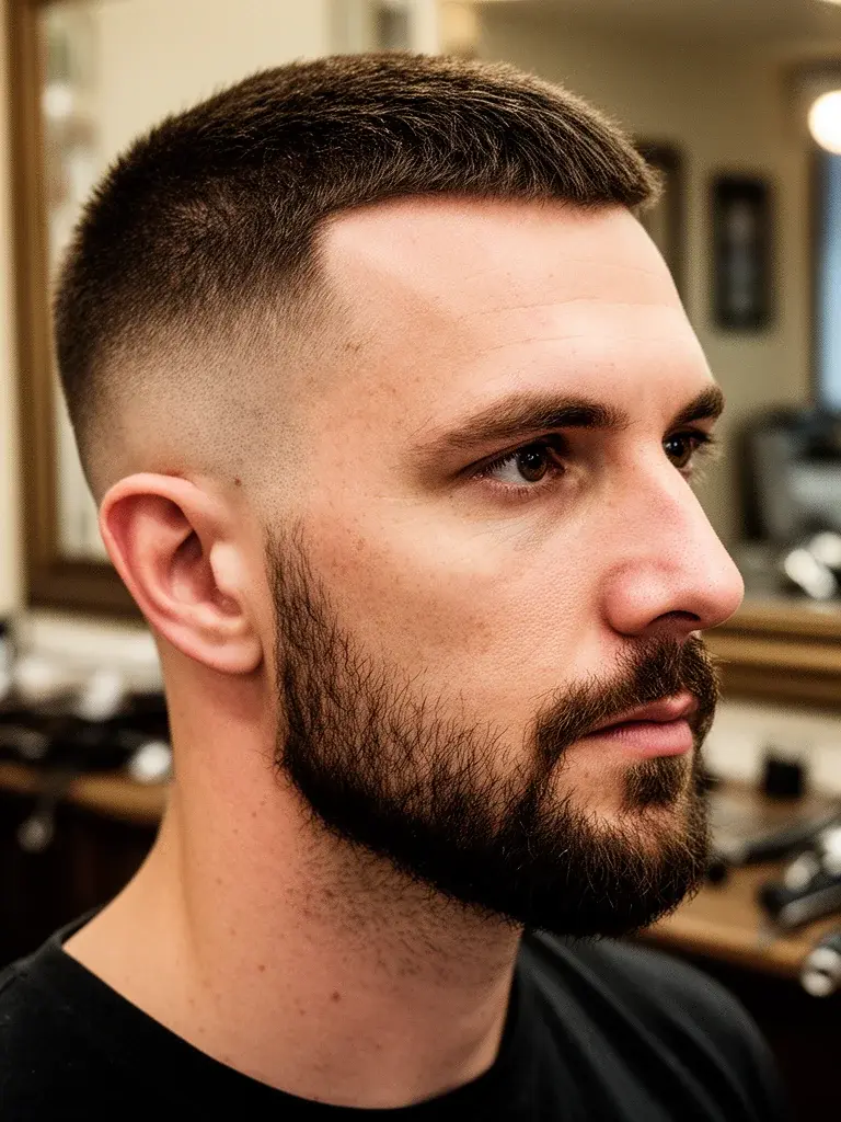 Crew cut side profile with gradual taper from temple to ear