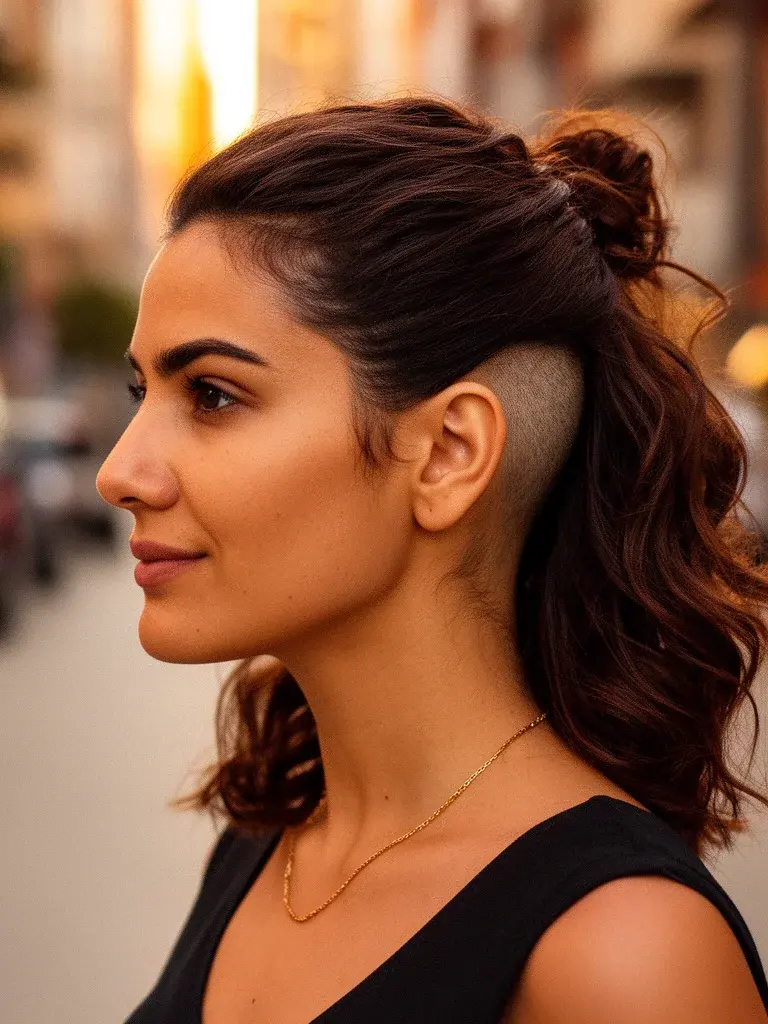 Undercut on a white woman with thick auburn hair, side profile showing volume reduction
