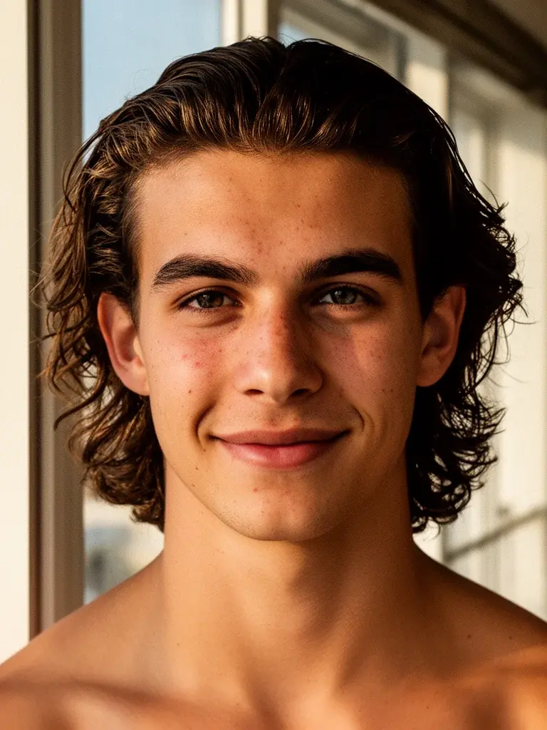Bro flow front view with hair falling past the ears in natural waves