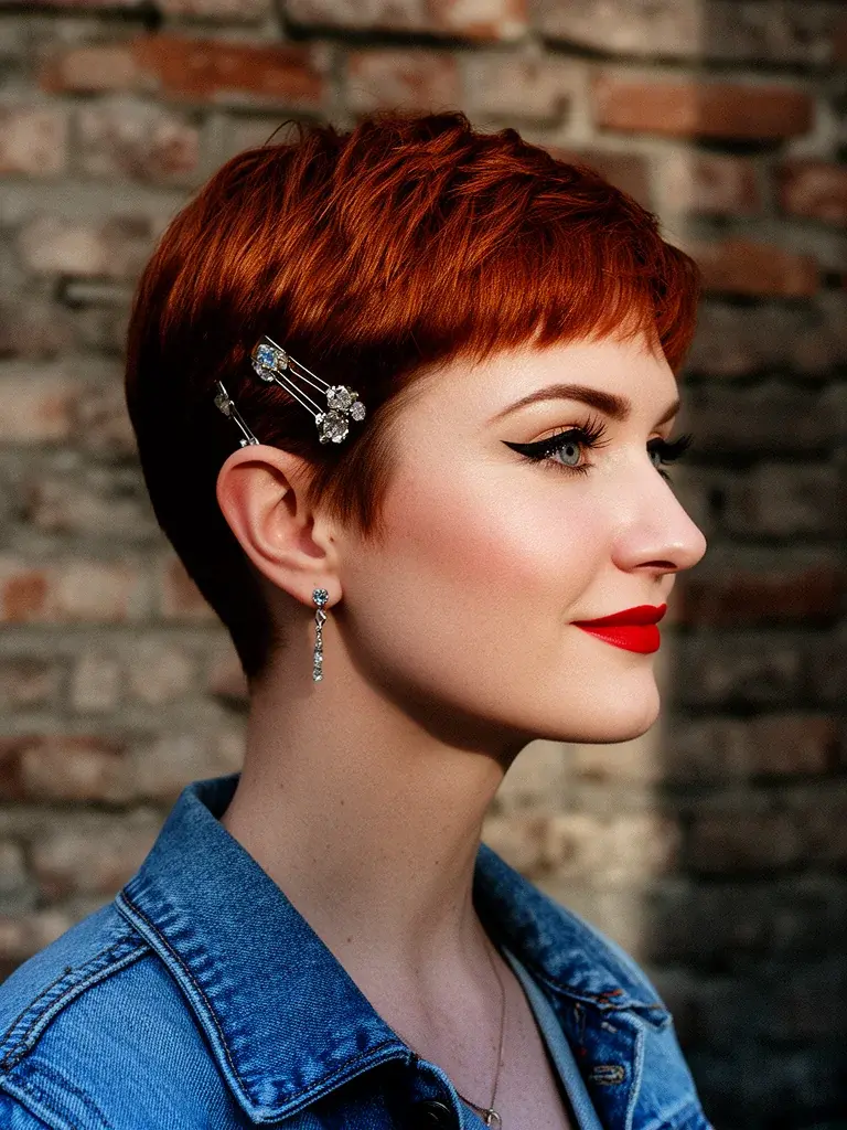 Boy cut side profile on a Czech woman with auburn hair, retro makeup and split lighting