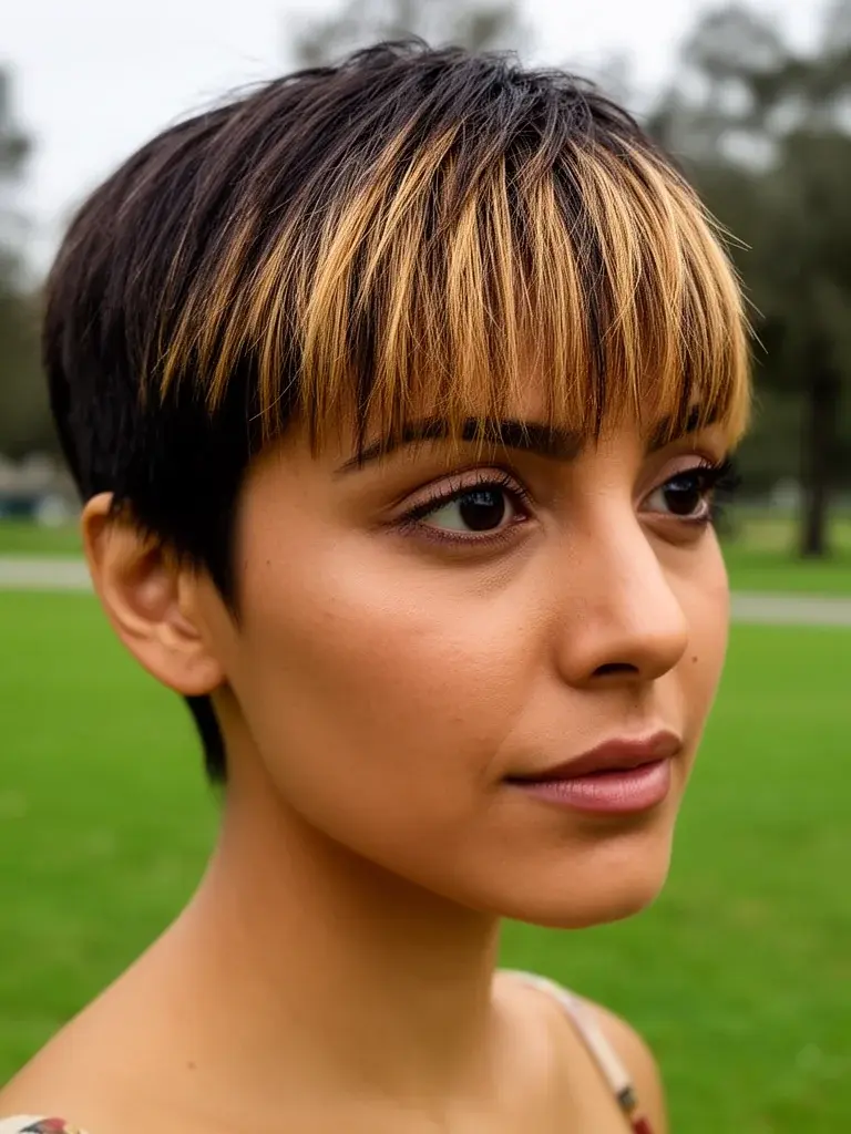 Pixie short bangs on a Latina woman with honey-toned highlights showing texture in the bangs