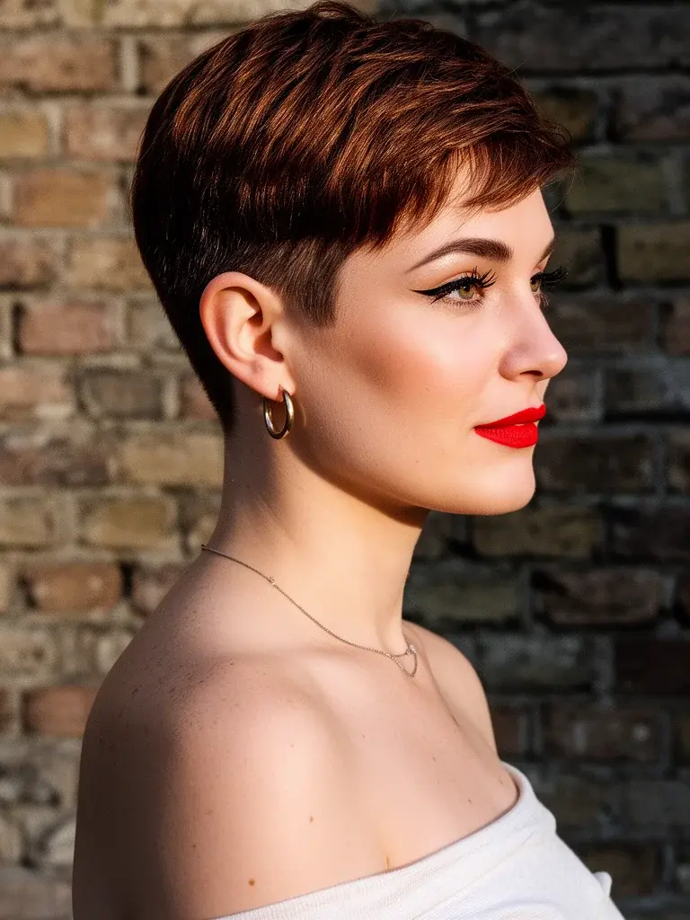 Short pixie cut side profile on a woman with chestnut hair and retro cat-eye makeup