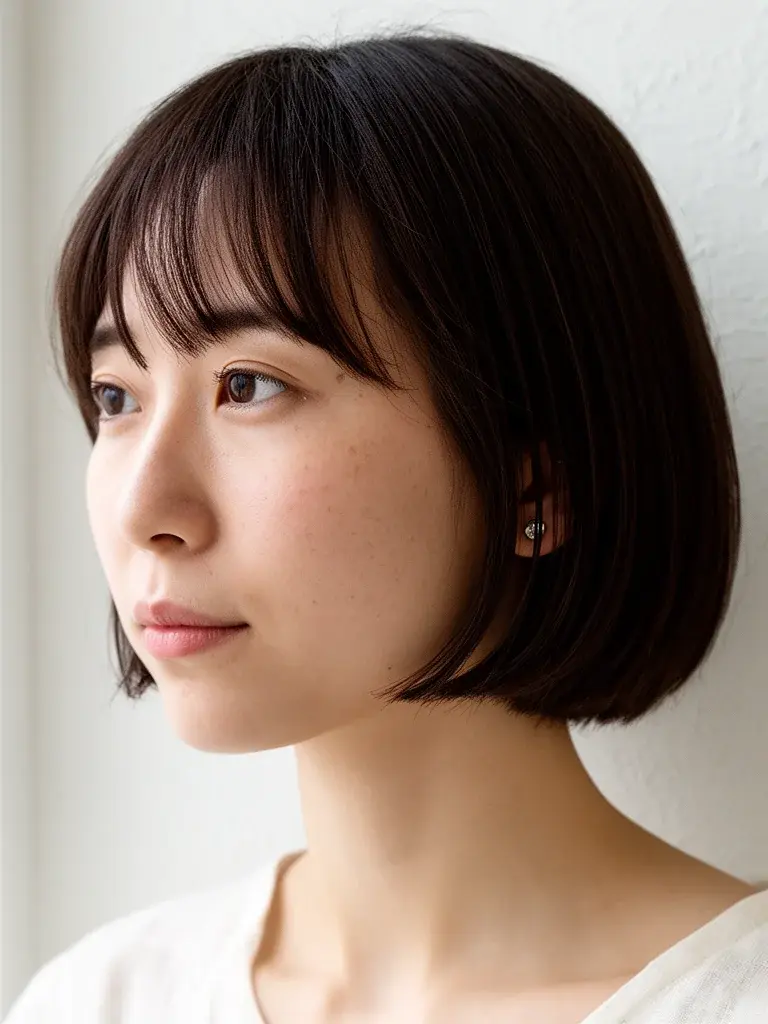 Classic bob three-quarter view on Japanese woman with dark brown hair and soft bangs