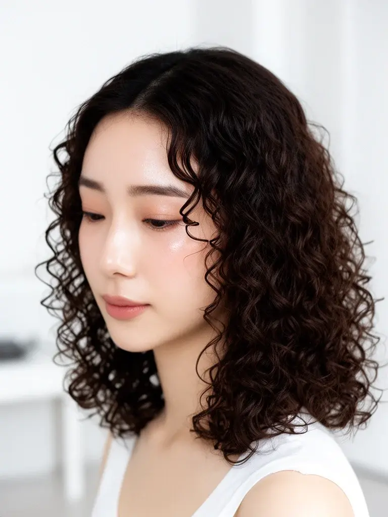 Spiral curls on a Japanese woman with permed hair, soft corkscrew pattern