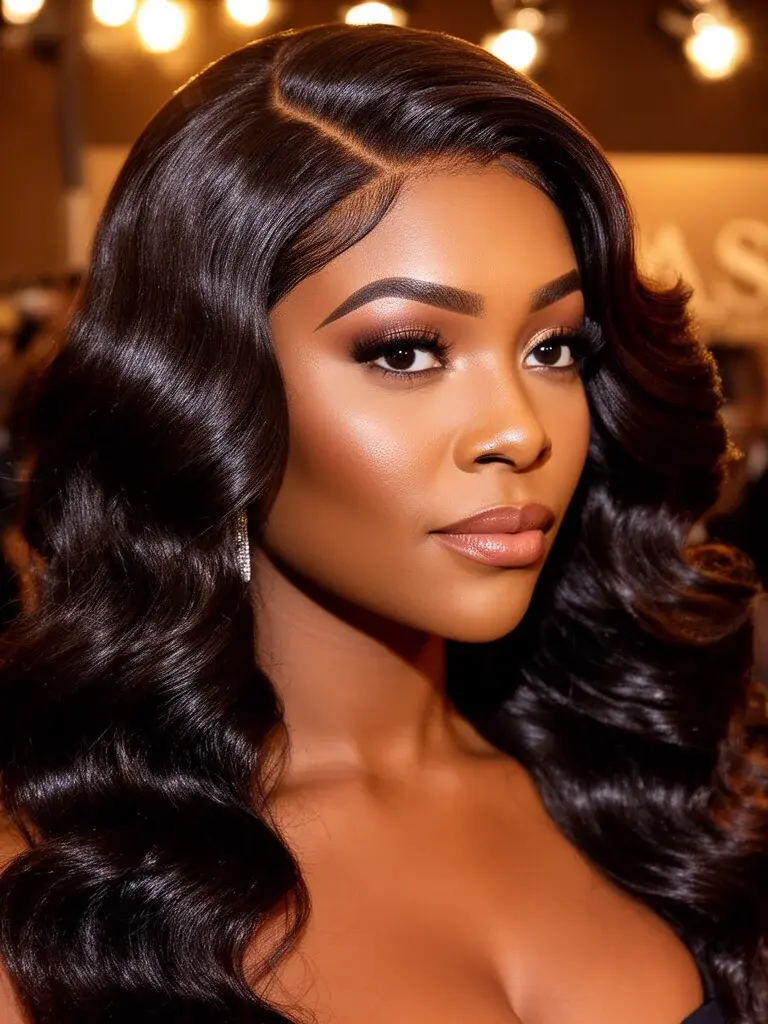 Hollywood waves three-quarter view on a Nigerian woman in red carpet styling