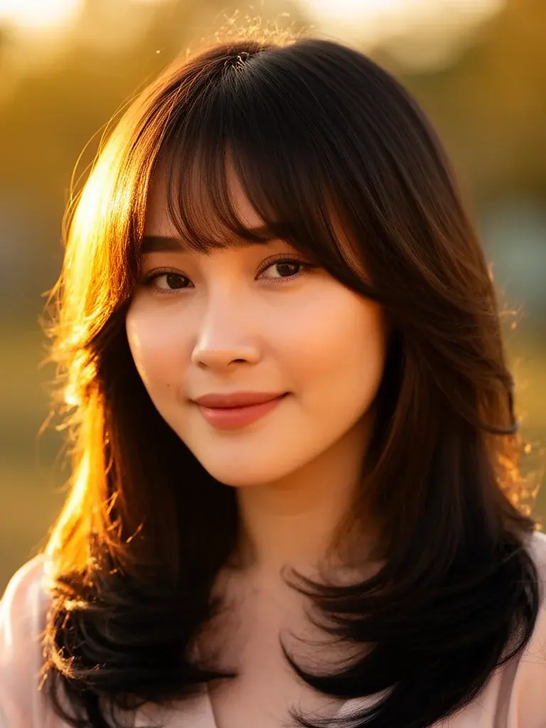 Vietnamese woman with butterfly cut, front view in golden hour outdoor light