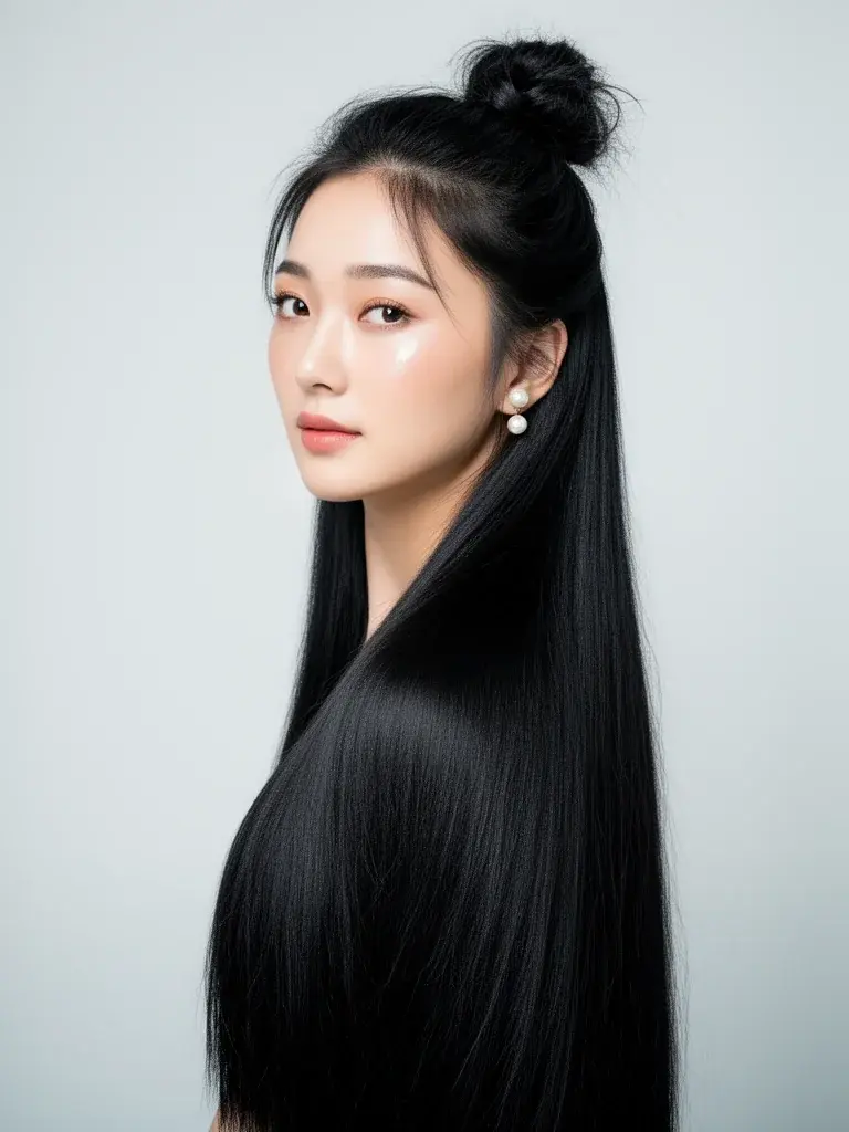 East Asian woman with classic-length hair in a half-up style, showing how super-long hair creates its own drama