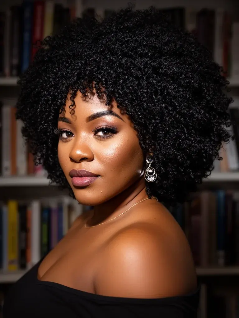 Natural afro over-shoulder glance on a Nigerian woman with split lighting