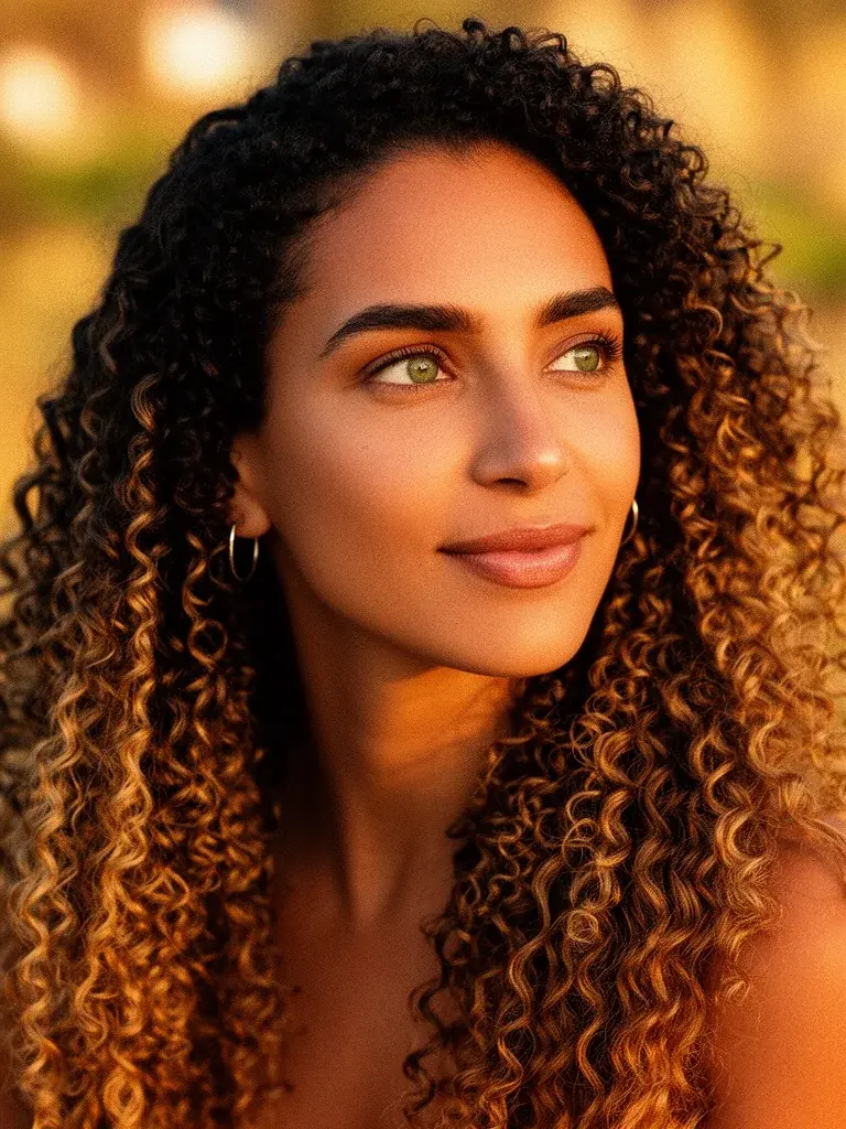 Spiral curls on a Dominican woman with voluminous curls pulled half-up