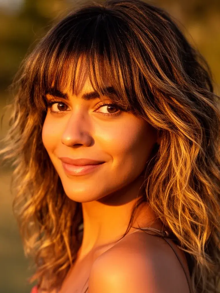 Brazilian woman with wolf cut, three-quarter view in golden hour light