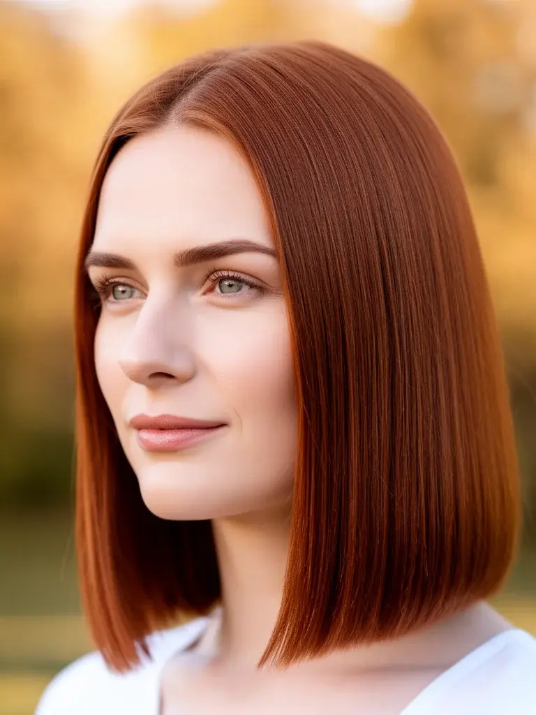Sleek straight medium hair on a Polish woman with auburn tint, outdoor soft light