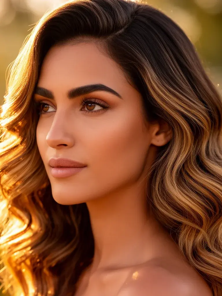 Hollywood waves on a Brazilian woman with caramel highlights, backlit