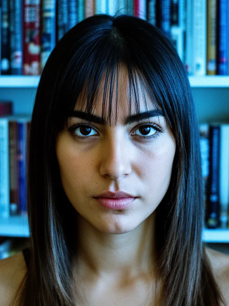 Mexican woman with wispy bangs, front view in cool-toned indoor light
